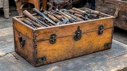 Antique Wooden Tool Chest Filled with Vintage Hand Tools