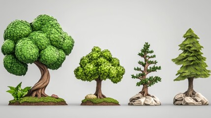 Collection of Stylized Trees Featuring Various Shapes and Textures