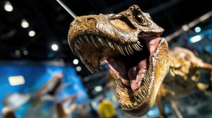Tyrannosaurus dinosaur model displayed in museum exhibit.