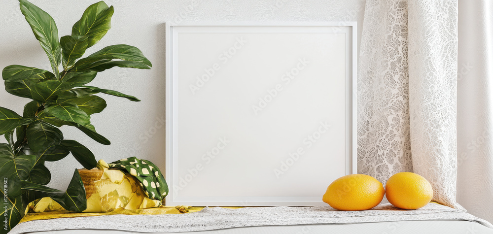 Poster blank white frame mockup displayed on table with lemons and plant, creating fresh and inviting atmos