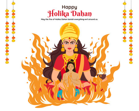 Indian festival happy holika dahan with Prahlad and holika sitting at fire choti holi festival of colors