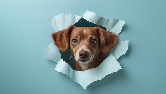 A curious little brown dog puppy with soft, fluffy fur peeks through a torn paper hole positioned on the right side of a pastel blue background.