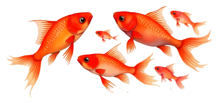 Colorful watercolor fish illustration featuring vibrant orange and red hues with detailed fins and scales, ideal for artistic and aquatic-themed projects. Isolated on transparent background