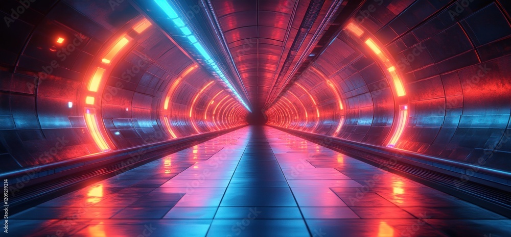 Poster futuristic neon tunnel with glossy surfaces cyberpunk style dynamic lighting symmetrical composition