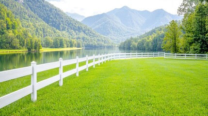 Serene mountain lake view, green field, white fence, idyllic landscape, perfect for travel brochures