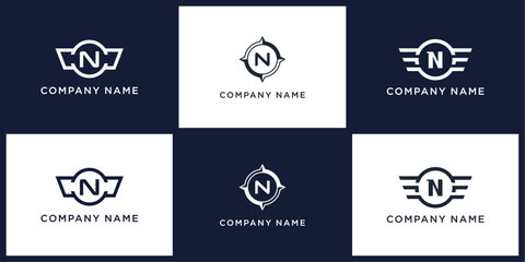 N letter logo set with compass, wing, and ring, editable vector bundle