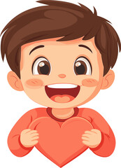Cheerful boy holding a heart representing love and friendship cartoon isolated on transparent background. Vector illustration.