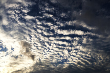 Fluffy white clouds on blue sky with last sun lays