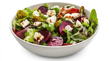 A bowl of vibrant beetroot salad with roasted beets, mixed greens, crumbled feta cheese