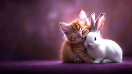 A heartwarming image of a sleepy orange tabby kitten snuggling with a white bunny.