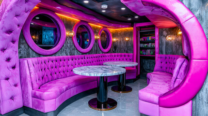 Fototapeta premium A vibrant pink lounge featuring plush seating, round mirrors, and stylish lighting creates a chic and modern atmosphere for relaxation.
