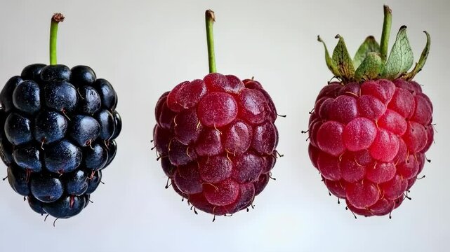 Various types of berries displayed in a row showcasing their unique colors and textures