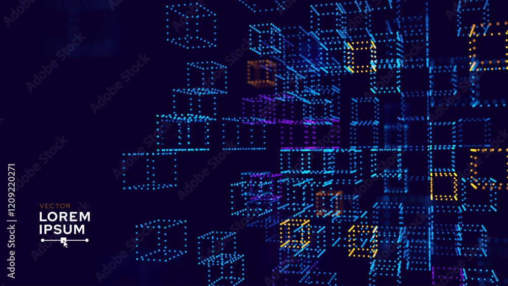 Poster Big Data 3D Digital Cubes Quantum Computer Server Concept Background. 3D Blockchain Cube Blocks Concept. Data Core Abstract Cubes. Artificial Intelligence Presentation Design. Vector Illustration.