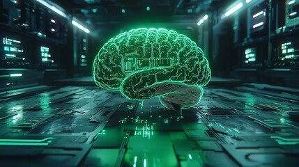 Obraz premium Digital AI holograph of a human brain glowing green on a smooth white background