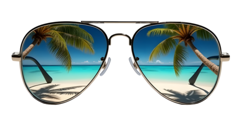 Stylish aviator sunglasses reflecting a tropical beach scene on white background
