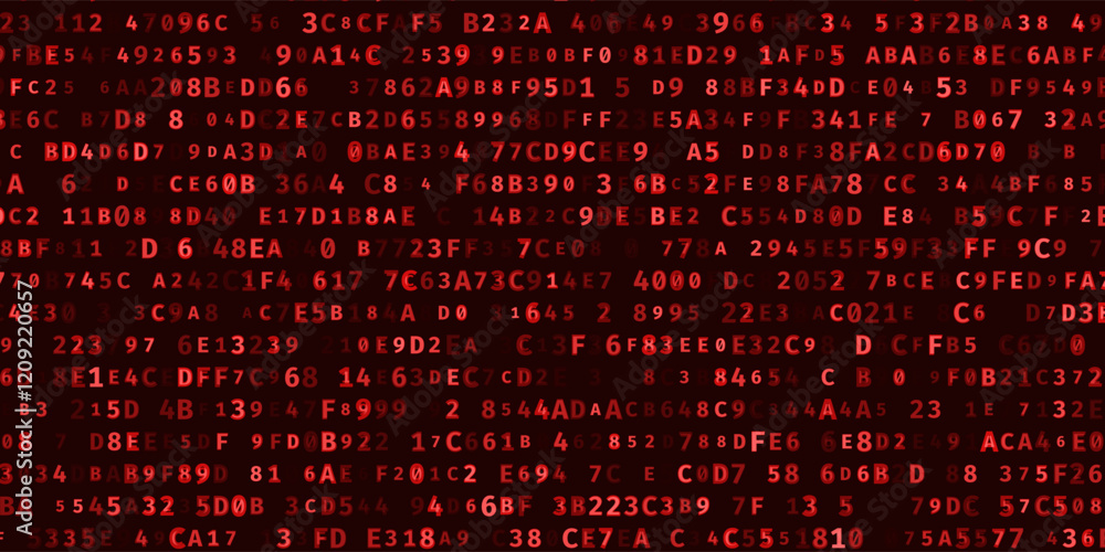 Fototapete Abstract Red Binary Software Programming Code Background. Malicious Hack Malware Ransomware Concept. Data Leak Breach. Random Binary Data Matrix Wide Vector Illustration.