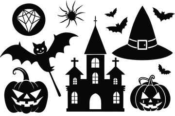 Vector Halloween silhouette set collection of Halloween icon and element isolated on white