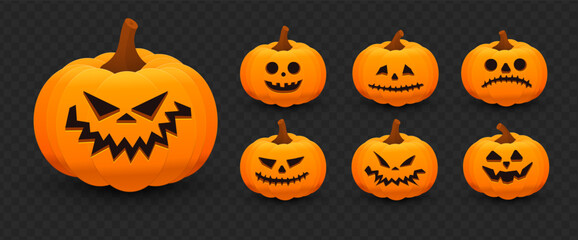 Scary and Funny Halloween Pumpkin Faces. Halloween Pumpkins isolated on Dark Transparent Background. Autumn Holiday Vector Illustration.