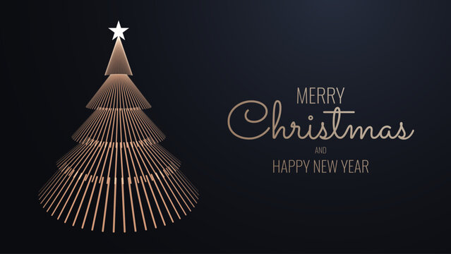 Merry Christmas and Happy New Year Banner. Elegant Geometric Golden Line Christmas Tree Postcard Design. Luxury Xmas Greeting Card Design. Vector Illustration.