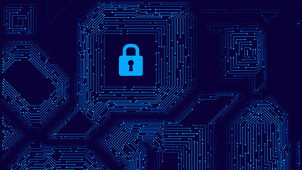 Abstract AI Digital Circuit Board Tech Background. Technology Connected Blue Lines Electronics Elements BG. Computer Motherboard Processor Chip. Neural Network Concept. Vector Illustration.