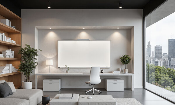 Modern architect's office with a white desk, ergonomic chair, and floating shelves. Feature a digital whiteboard for idea mapping