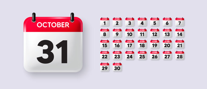 3D calendar icons. Date from 1 to 31 of October. Schedule symbols set. Date calendar planner. Meeting appointment time. Agenda plan, October month schedule 3d calendar and Time planner. Vector