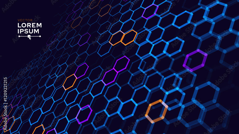 Poster Hexagonal Abstract Technology Background. Hexagons Pattern for Hi-Tech Communication Design. Hi-tech Cyber Hexagon Sci-Fi Game Banner Grid. Vector Illustration