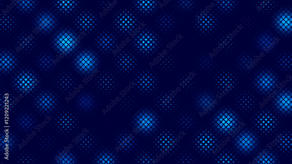 Poster Digital Pixel Explosion Grid Mosaic. Abstract Virtual Cyber Space Data Flow. Halftone Pixel Effect Round Explosion. Vector Illustration.