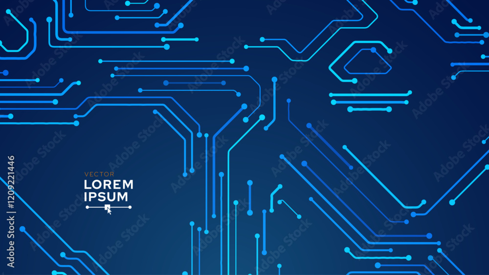 Poster Abstract AI Digital Circuit Board Tech Background. Technology Connected Blue Lines Electronics Elements BG. Computer Motherboard Processor Chip. Neural Network Concept. Vector Illustration.