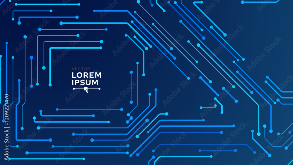 Poster Abstract AI Digital Circuit Board Tech Background. Technology Connected Blue Lines Electronics Elements BG. Computer Motherboard Processor Chip. Neural Network Concept. Vector Illustration.