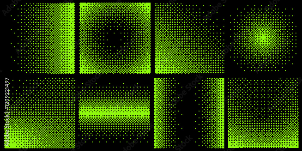 Poster Abstract Y2K Green Pixel Gradation Dithering Halftone Fade Gradation Effect Graphic Design Elements Set. Bitmap Raster Dithering Transition Effect. Bold Brutalist Design. Vector Illustration.
