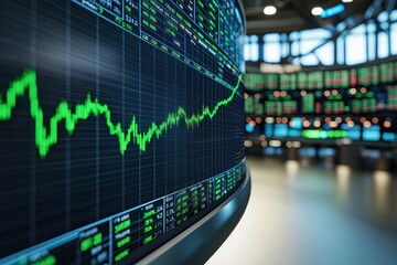 A stock market graph with a green upward trendline, displayed on a curved monitor in a high-tech trading room.