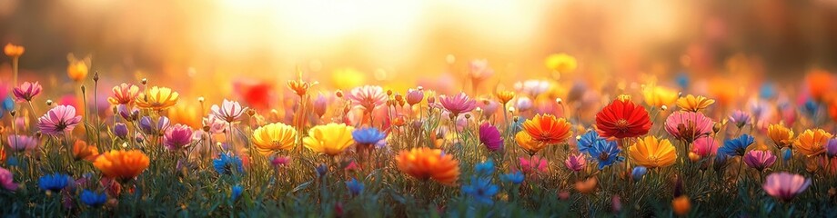 Obraz premium Vibrant Spring Meadow with Colorful Wildflowers and Golden Sunlight
