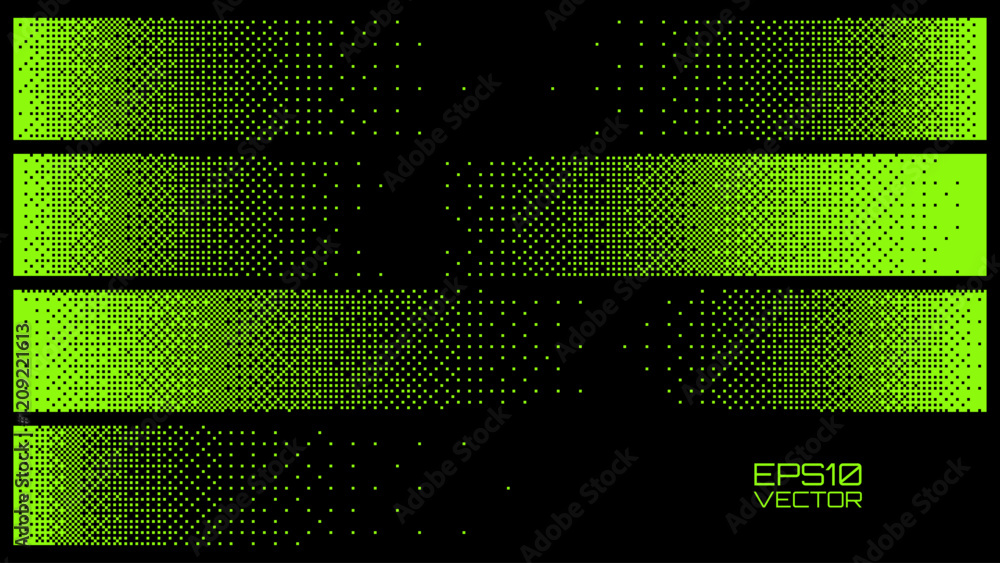 Poster Halftone Horizontal Gradient Fade Effect Borders. Dither Green Pixel Banner. Pixelated Rectangle Decoration Element for Graphic Design. Vector Illustration.