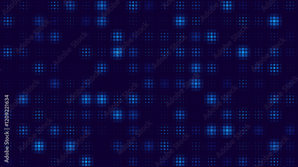 Poster Abstract Digital Technology Futuristic Background. Square Pixels Halftone Pattern Tech Mosaic. Technology or Science Research Presentation Backdrop. Vector Illustration.