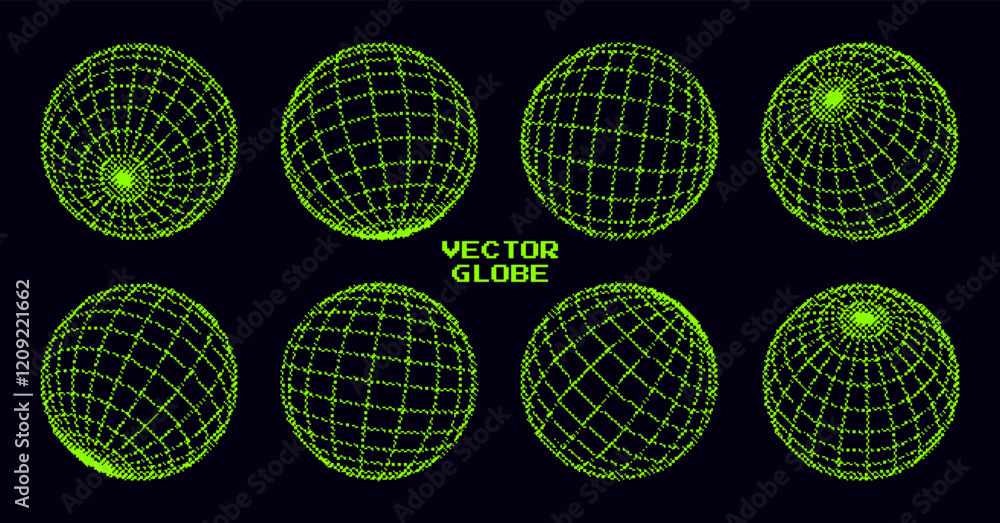 Poster Pixel Dither 3D Sphere Wireframe Hologram HUD Design Elements Set. 3D Line Globe Geometry for 1 bit Style Graphic Design. Pixel Art Cyberpunk Y2K Aesthetic VR Concept. Vector Illustration.