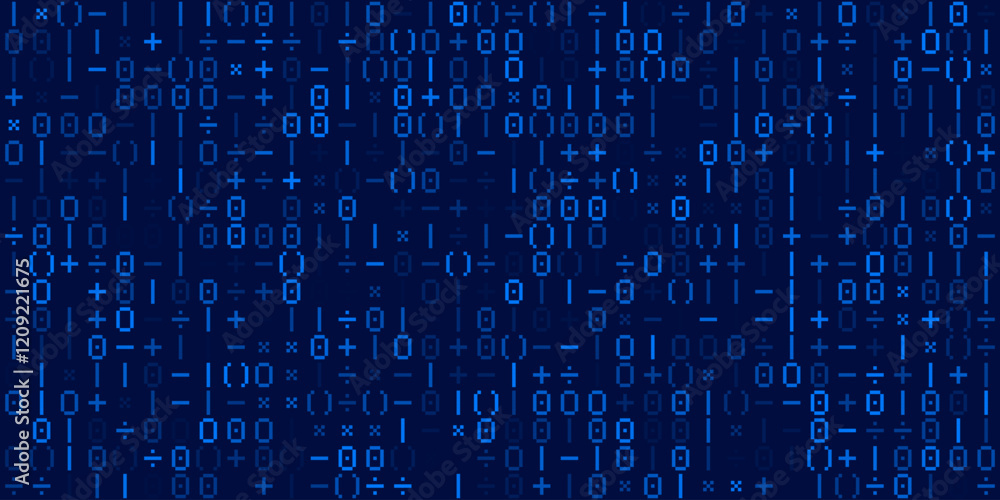 Aufkleber Binary Pixel Numbers and Math Signs. Computer Binary Code Matrix. Pixel Grid of Numbers Abstract Mosaic Design Background. Monochromatic Abstract Background. Vector Illustration.