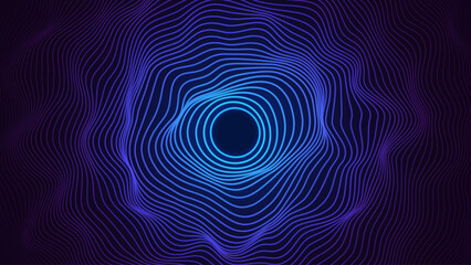 Abstract Sound Wave Round Frame Background. Dynamic Music Wavy Lines Flow. Digital Equalizer. Round Sound Data Visualization. Abstract Vector Background.