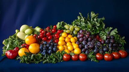 Photo Still Life Colorful Fresh Fruits and Vegetables on Blue Background