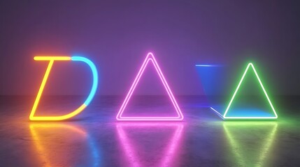 Neon Letters and Geometric Shapes Illuminate Dark Room
