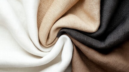 A close-up view of a pile of fabric with varying shades of white, beige, brown, and black.
