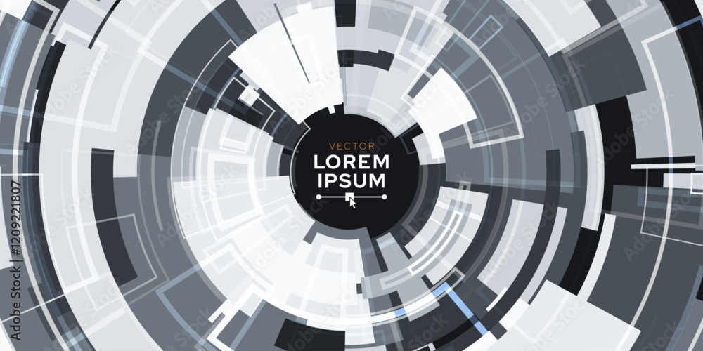 Poster UI Circular HUD Screen Tech System Innovation Concept Background. Abstract Hi-Tech Circular Pattern Vector Backdrop. Round Colorful Arcs. Moving Circles Vector Illustration. Radial Speed Lines.