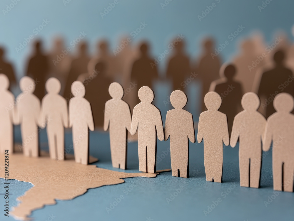 Poster close up of paper figures connected across blue background, symbolizing unity and community. figures