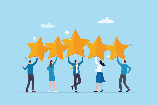 Employee survey, customer feedback rating or performance review, five stars service, best experience or feedback and engagement concept, business people employees holding 5 stars rating feedback.