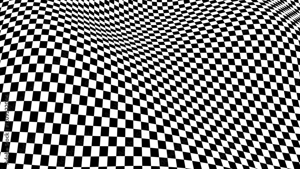 Poster Checkered Background With Distortion Effect. Abstract Black And White Background, Distorted Checkered Pattern. Chessboard Surface. Abstract Banner With Distortion. Vector Illustration.