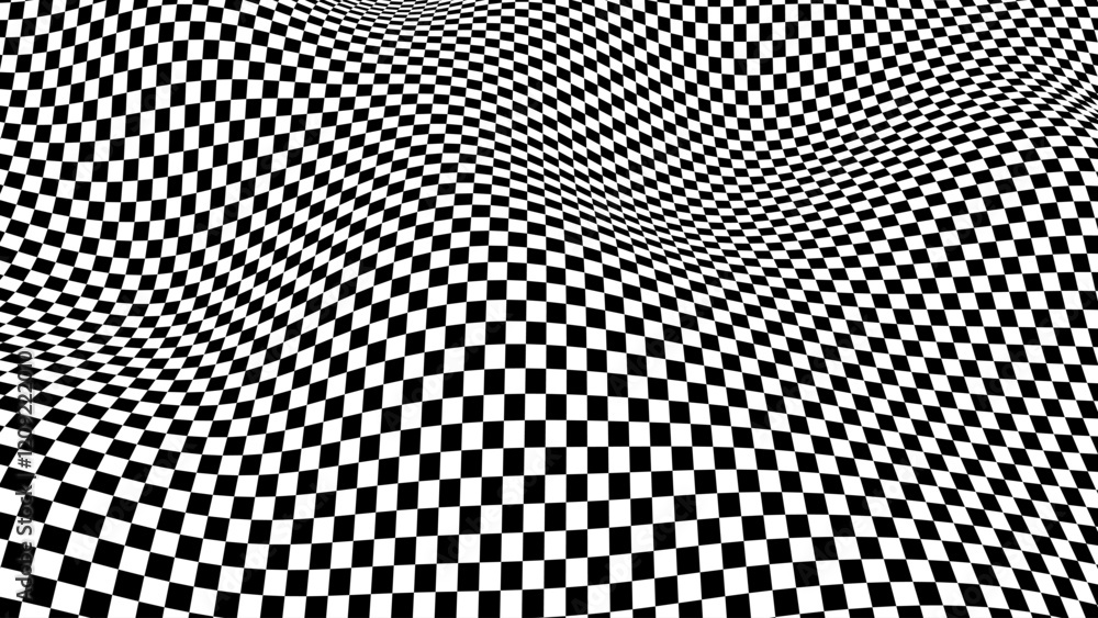 Poster Checkered Background With Distortion Effect. Abstract Black And White Background, Distorted Checkered Pattern. Chessboard Surface. Abstract Banner With Distortion. Vector Illustration.