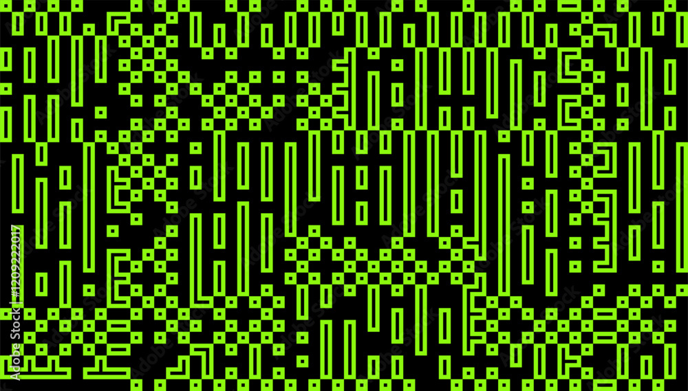 Poster Green Pixels Glitch Effect Abstract Background. Glitched Stripes and Random Pixels Television Screen. Distorted Glitch Effect. NO SIGNAL TV Frame Vector.