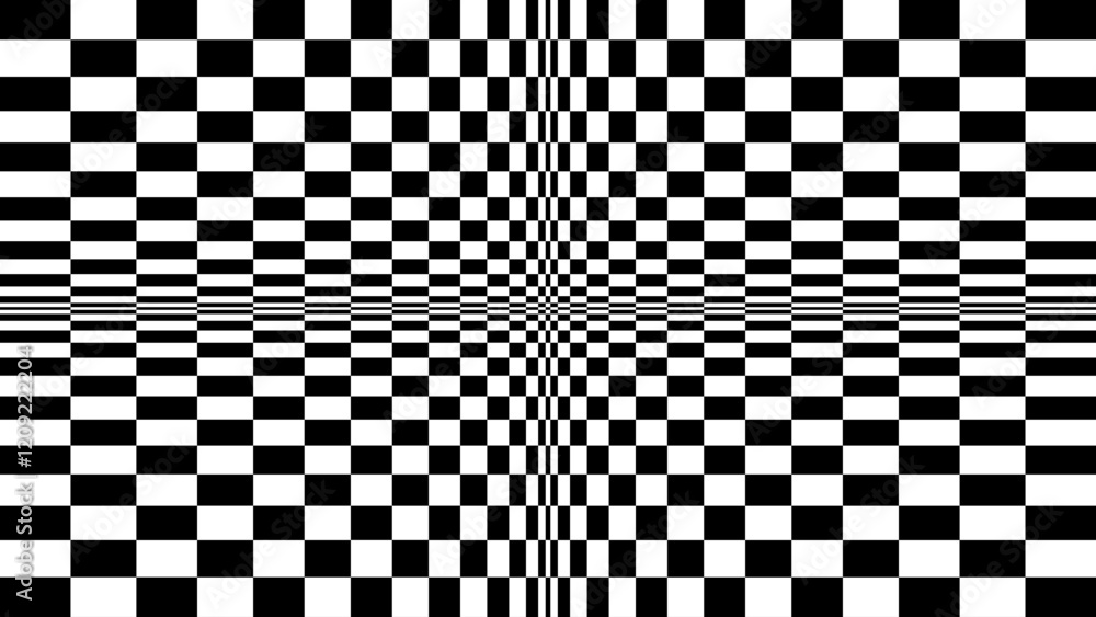 Poster Abstract Black and White Pattern with Warped Checkers Grid. Contrasty Optical Psychedelic Illusion. Optical Art. Vector Illustration