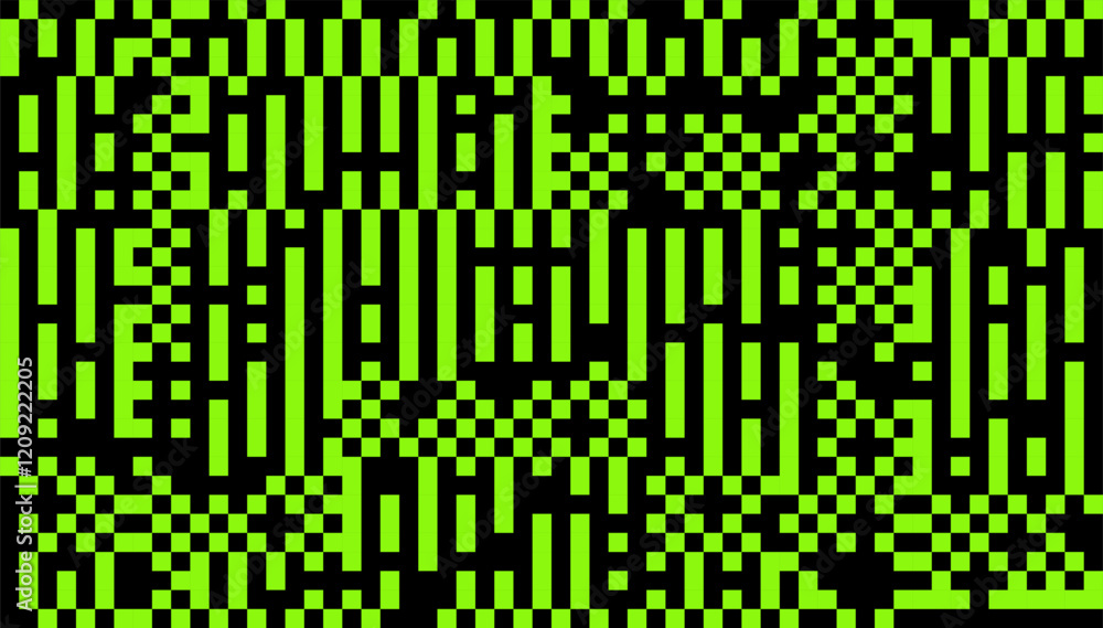 Poster Green Pixels Glitch Effect Abstract Background. Glitched Stripes and Random Pixels Television Screen. Distorted Glitch Effect. NO SIGNAL TV Frame Vector.