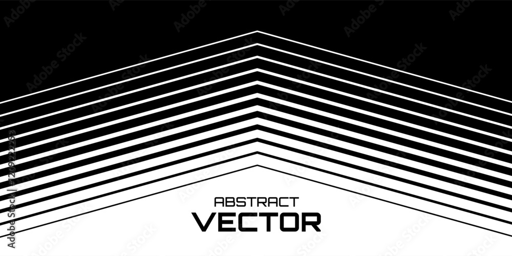 Poster Minimal Black and White Background with Arrow Pointing Up. Striped Transition from Black to White Abstract Strict Lines. Simple Pattern. Vector Illustration.